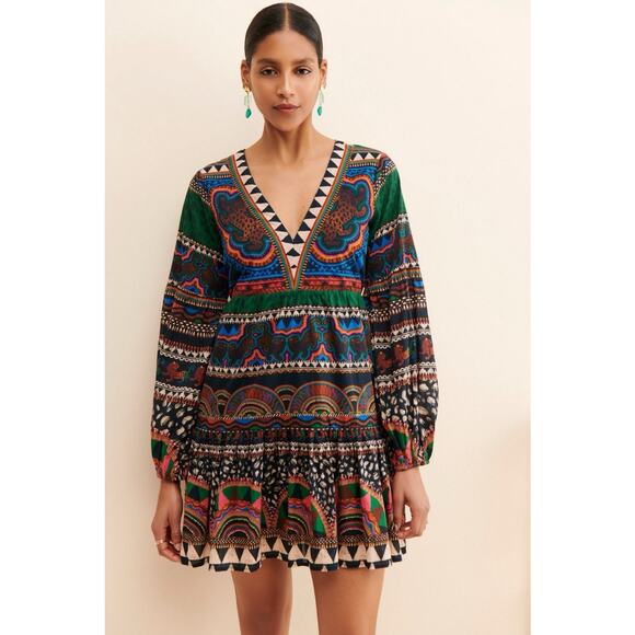 FARM RIO X Anthropologie Medium V-Neck Multicolor Printed boho Tunic Mini Dress - Picture 1 of 13